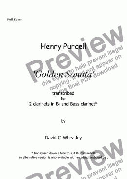 page one of Purcell ’Golden’ Trio Sonata transcribed for clarinet trio (2xBb+bass) by David Wheatley 
