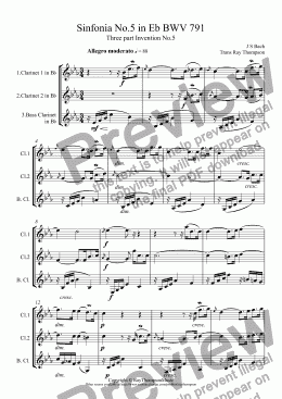 page one of Bach: Sinfonia No.5 in Eb BWV 791 arr. clarinet trio (2cl/bs cl: opt 3rd cl)