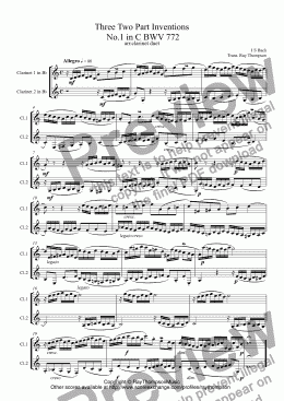 page one of Bach: Three Two Part Inventions  No.1,3 & 4 arr.clarinet duet (additional opt. bass clt)
