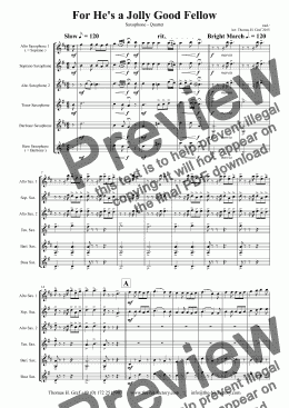 page one of For He's a Jolly Good Fellow - Folk Song and Toast  - Saxophone Quartet