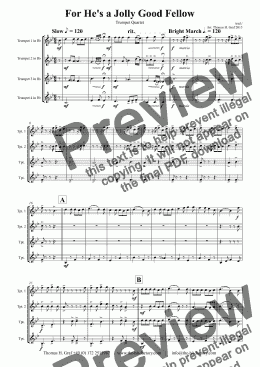 page one of For He's a Jolly Good Fellow - Folk Song and Toast  - Trumpet Quartet