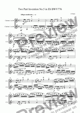 page one of Bach: Two Part Invention No.5 in Eb BWV776 arr. clarinet duet (opt.bass clarinet)