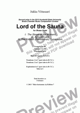 page one of Second prize in the 2015 Humboldt State University  Brass Chamber Music Composition Contest Lord of the Sauna I -The Steam of the Moment- for  Brass Octet