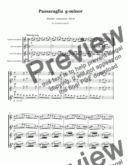 page one of G. F. Haendel - PASSACAGLIA g-minor - for saxophone quartet