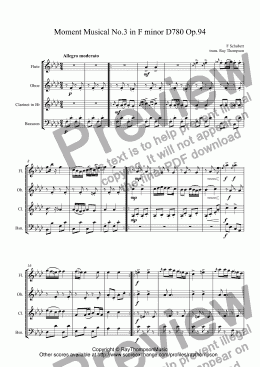 page one of Schubert: Moment Musical No.3 in F minor D780 Op.94 arr. wind quartet