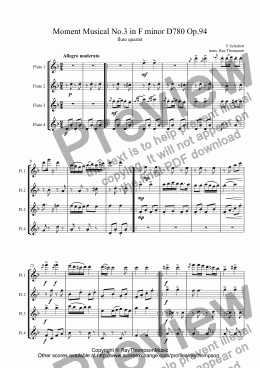 page one of Schubert: Moment Musical No.3 in F minor D780 Op.94 arr. flute quartet (4 standard flutes with optional 4th parts for alto and bass flutes)