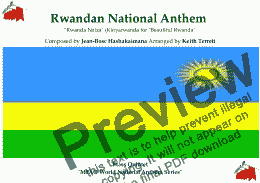 page one of Rwandan National Anthem "Rwanda Nziza" (Kinyarwanda for "Beautiful Rwanda") for Brass Quintet  (MFAO World National Anthem Series)