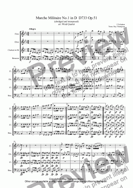 page one of Schubert: Marche Militaire No.1 in D, D733 Op.51(abridged and transposed) arr.wind quartet