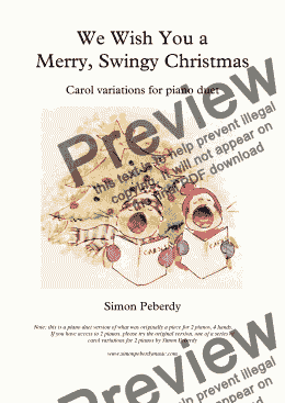 page one of We wish you a Merry, Swingy Christmas, fun Christmas carol variations for piano duet by Simon Peberdy
