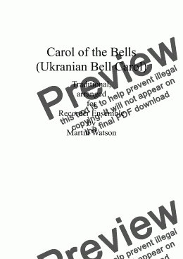 page one of Carol of the Bells (Ukranian Bell Carol) for Recorder Ensemble