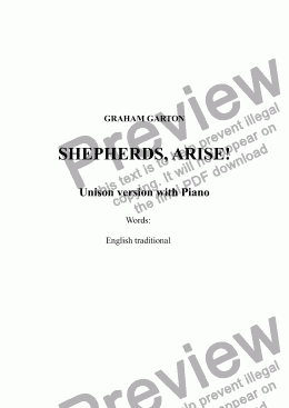 page one of CAROL - ’SHEPHERDS, ARISE!’ A new simple Unison Carol with Piano, Words: English traditional. Useful for Schools.