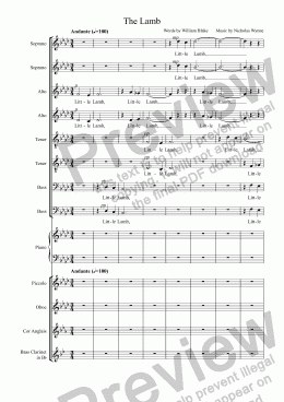 page one of Little Lamb: for 8 part choir and piano quintet