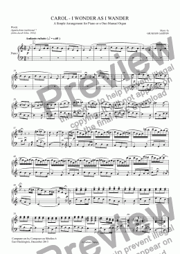 page one of CAROL - 'I WONDER AS I WANDER' ASimple arrangement for Piano or One-Manual Organ. No words. (One page)