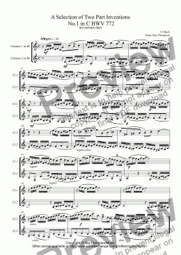 page one of Bach: " A Selection of Inventions" (Two Part Inventions nos. 1,3,4,5,6,13 & 15) arr clarinet duet ( opt. Bass clarinet)