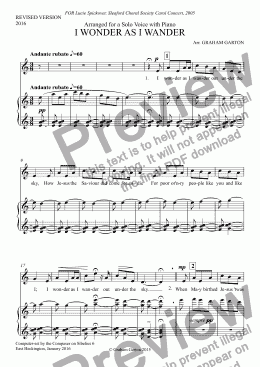 page one of CAROL - 'I WONDER AS I WANDER' - REVISED VERSION 2016 - for Solo Voice with Piano