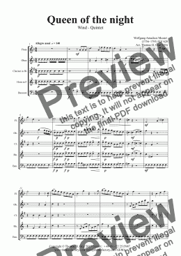 page one of The Magic Flute - Mozart - Queen of the night - Wind Quintet