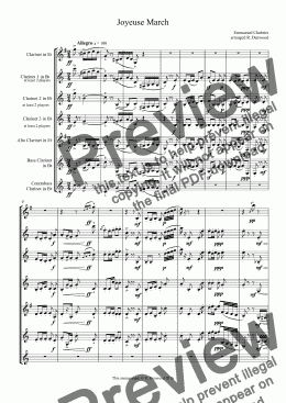 page one of Chabrier - Joyeuse Marche for Advanced Clarinet Choir.