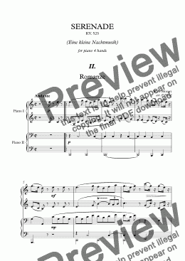 page one of W. A. Mozart - Serenade KV. 525 ''Eine kleine Nachtmusik'' for piano 4 hands - II. mov.