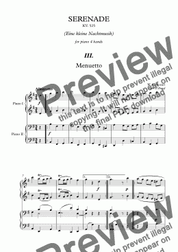 page one of W. A. Mozart - Serenade KV. 525 ''Eine kleine Nachtmusik'' for piano 4 hands - III. mov.