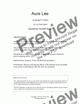 page one of  Aura Lee (beginning to intermediate saxophone choir / quartet)