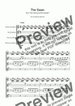 page one of Saint-Saëns - ’’The Swan’’ from ’’Carnival of the Animals’’ - saxophone quartet