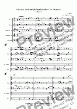 page one of Handel: Sinfonie Pastoral(Pastoral Symphony)(Pifa) (Messiah/Der Messias) arr. wind quintet