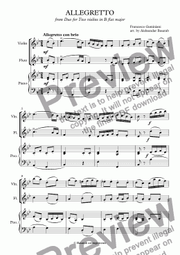 page one of Francesco Geminiani  - Allegretto in Bb major , arr. for Vln - Fl - Pno