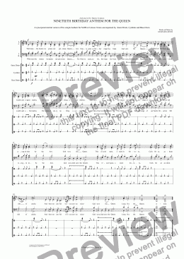 page one of NINETIETH BIRTHDAY ANTHEM FOR THE QUEEN - A simple Anthem for SATB or Unison Voices with martial accompaniment of 3 percussion: Snare Drum, Cymbal and Bass Drum. Words and Music by Graham Garton