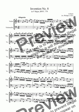 page one of Invention No.8 in F Major for Violin & Cello