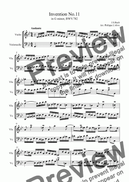 page one of Invention No.11 in G minor for Violin & Cello