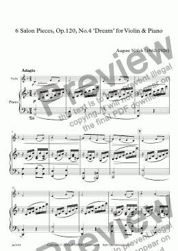 page one of 6 Salon Pieces, Op.120, No.4 ‘Dream’ for Violin & Piano