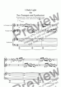 page one of 1.Dark Light  for  Two Trumpets and Synthesizer Performance note - Choose your own Pad sound to create  your own unique version. Add reverb to Trps if possible