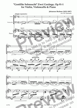 page one of ’Gestillte Sehnsucht’ Zwei Gesänge, Op.91-1  for Violin, Violoncello & Piano