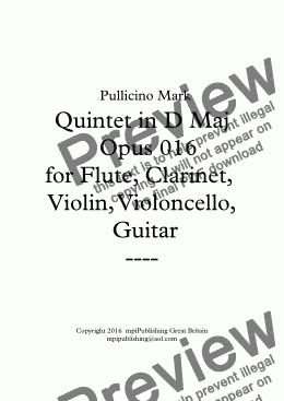 page one of Pullicino Mark _Quintet in D Maj OPUS 016  Flute, Clarinet, Violin, Violoncello, Guitar.