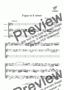 page one of Fugue in E minor for guitar trio