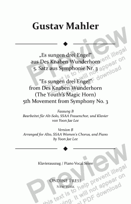 page one of Mahler (arr. Lee): Symphony No. 3 5th movement, Piano Vocal Score (Version B for Alto solo, SSAA Chorus)