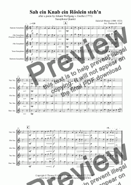 page one of Sah ein Knab ein Roeslein stehn - German Folk Song - Saxophone Quartet 