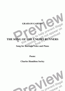 page one of SONG -  ’’THE SONG OF THE UNGIRT RUNNERS’ for BARITONE VOICE AND PIAMO Poem: Charles Hamilton Sorley (1895-1915)