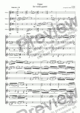page one of Bach - GIGUE - for violin quartet