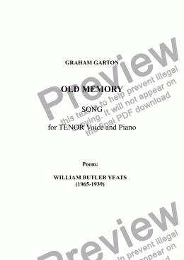 page one of SONG - 'OLD MEMORY' for SOPRANO or TENOR Voice with Piano. Poem: W.B. Yeats (1865-1939)