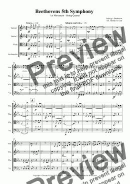 page one of Beethovens 5th Symphony - 1st Movement - String Quartet 