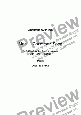 page one of CHRISTMAS SONG - ’Magi’ for SATB Chamber Choir a cappella. Version in 6-stave open Score with Piano Reduction  Poem. Well-known Contemporary British Poet COLETTE BRYCE (b.1970). Spirit-ual. 