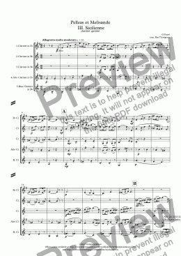 page one of Fauré: Pelleas et Melisande Op.78  III. Sicilienne - clarinet quintet/choir