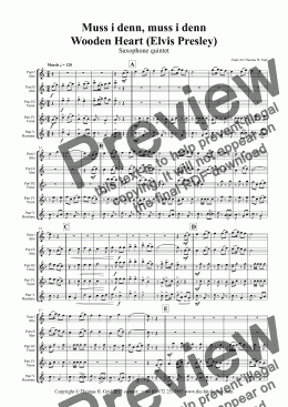 page one of Muss i denn, muss i denn, zum Städele hinaus - Wooden Heart (Elvis Presley) - Saxophone Quintet