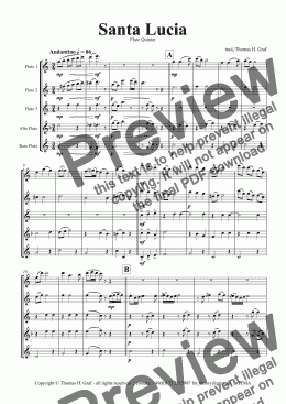 page one of Santa Lucia - Italian Folk Song - Here in the twighlight - Flute Quintet 