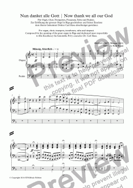 page one of Liszt: Nun danket alle Gott | Now thank we all our God (Organ, choir, trumpets, trombones, tuba and timpani)