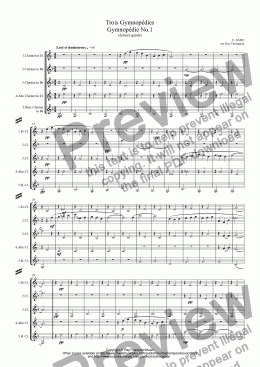 page one of Satie: Trois (Three) Gymnopédies Nos.1, 2 & 3 - clarinet quintet