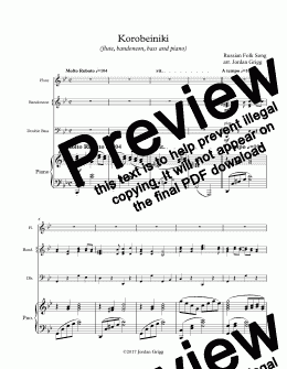 page one of Korobeiniki (flute, bandoneon, bass and piano) - Score and parts