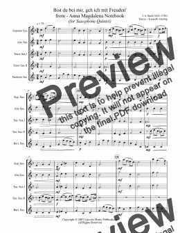 page one of Bach - Bist du bei mir, geh ich mit Freuden' (Saxophone Quintet SATTB)