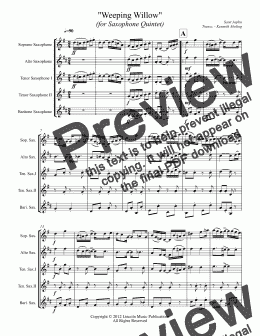 page one of Joplin - Weeping Willow (for Saxophone Quintet SATTB)